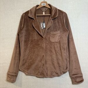 Skims Velour Button Up Long Sleeve Sleep Shirt Sz XXS Brown NWT Buttery Soft